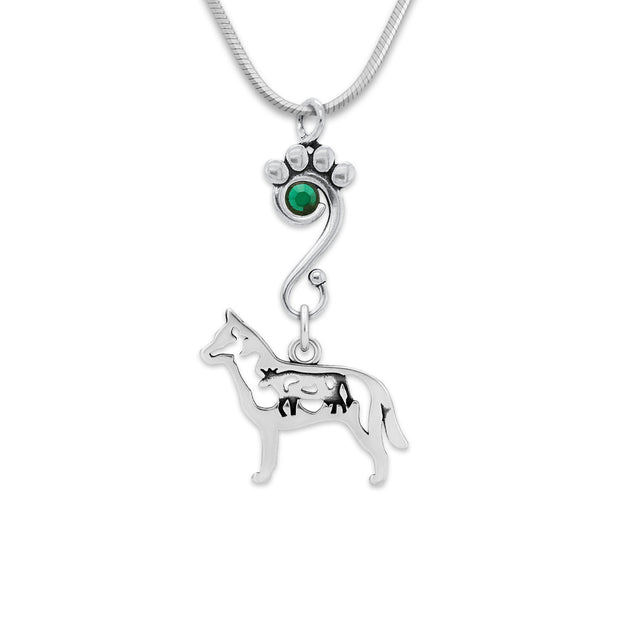 Australian Cattle Dog Necklace Body Design with Cow with Emerald Crystal in Sterling Silver on Snake Chain.