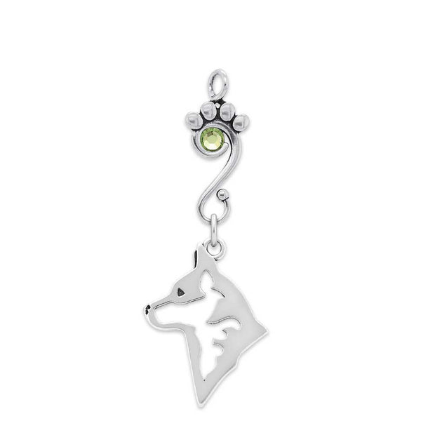 Australian Cattle Dog Pendant Head Design with Peridot Crystal in Sterling Silver.