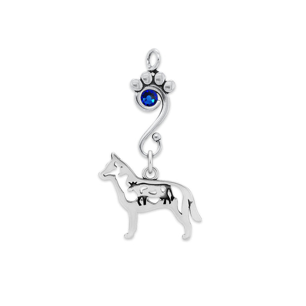 Australian Cattle Dog Pendant Body Design with Cow with Sapphire Crystal in Sterling Silver.