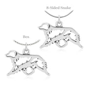 Side by side image of the Australian Shepherd pendant on a sterling silver box chain and 8-sided snake chain.