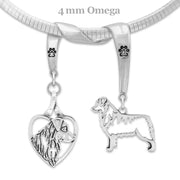 Australian Shepherd Head in Heart and Body Designs on Paw Print Charm Holder in Sterling Silver on Omega Chain.