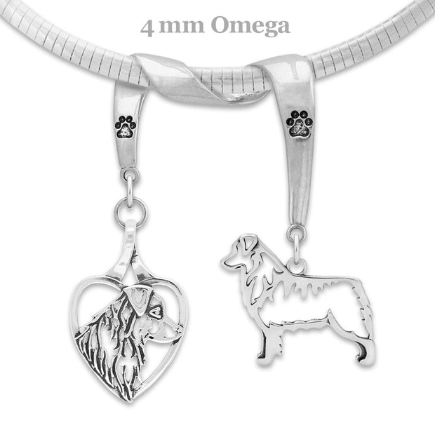Australian Shepherd Head in Heart and Body Designs on Paw Print Charm Holder in Sterling Silver on Omega Chain.