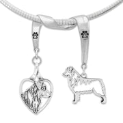 Australian Shepherd Head in Heart and Body Designs on Paw Print Charm Holder in Sterling Silver on Omega Chain.