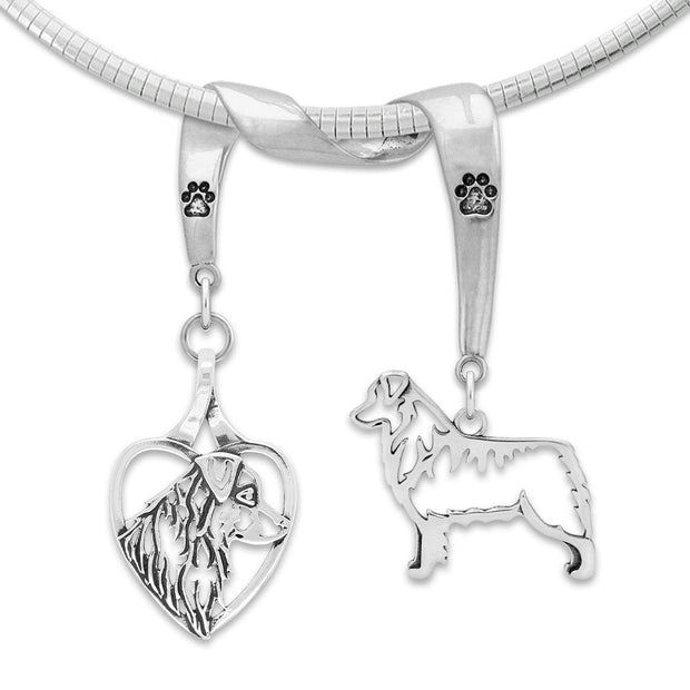Australian Shepherd Head in Heart and Body Designs on Paw Print Charm Holder in Sterling Silver on Omega Chain.