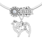 Rosette Ribbon Necklace That Can Be Personalized With a Title and Your Dogs Name and Choice of Over 30 Colors of Crystals, with an American Eskimo Body Design Pendant in Sterling Silver on Omega Chain.