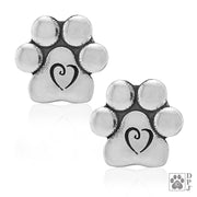 Paw and heart stud earrings in sterling silver, Top rated paw and heart earrings for animal lovers