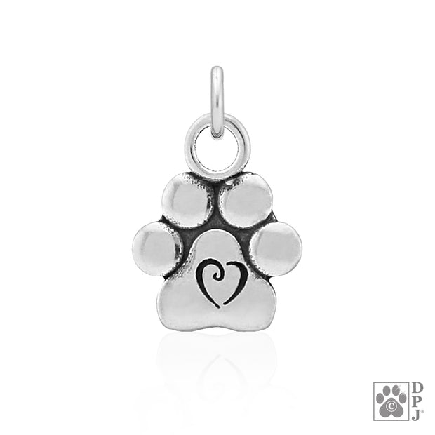 Tiny paw print pendant for necklace with heart, cat themed jewelry gifts