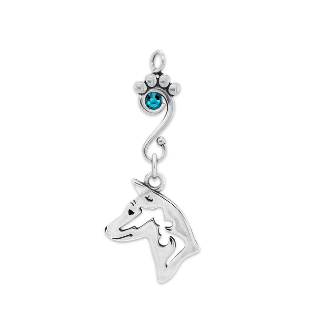 Basenji Pendant Head Design with Teal Crystal in Sterling Silver.