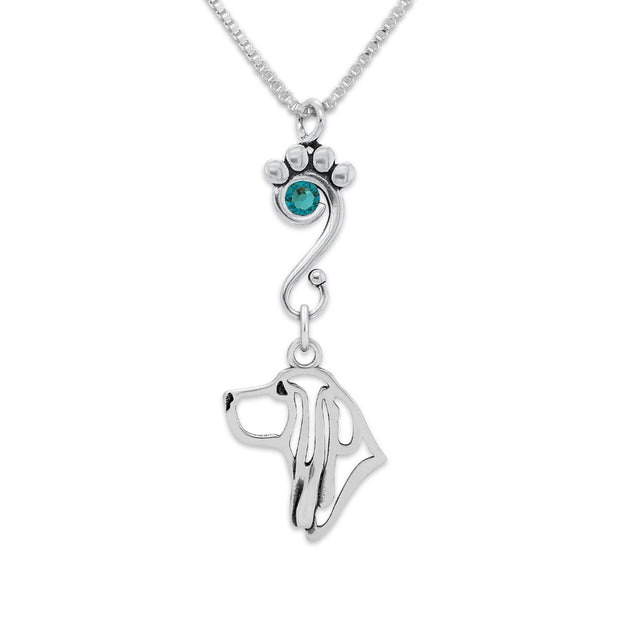 Basset Hound Necklace Head Design with Teal Crystal in Sterling Silver on Box Chain.