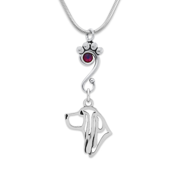 Basset Hound Necklace Head Design with Volcano Crystal in Sterling Silver on Snake Chain.