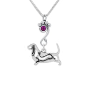 Basset Hound Necklace Body Design with Rabbit in with Amethyst Crystal in Sterling Silver on Box Chain.
