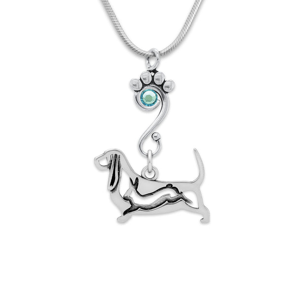 Basset Hound Necklace Body Design with Rabbit with Aquamarine in Sterling Silver on Snake Chain.