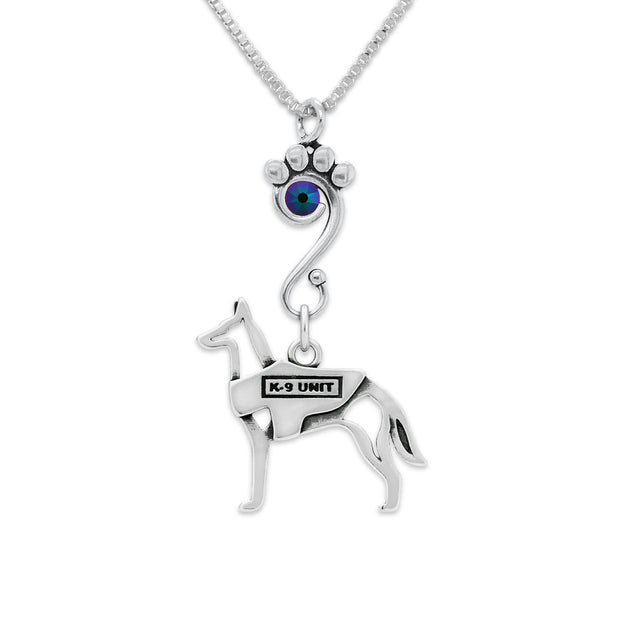 Belgian Malinois Necklace Body Design with Vest with Scarabaeus Crystal in Sterling Silver on Box Chain.