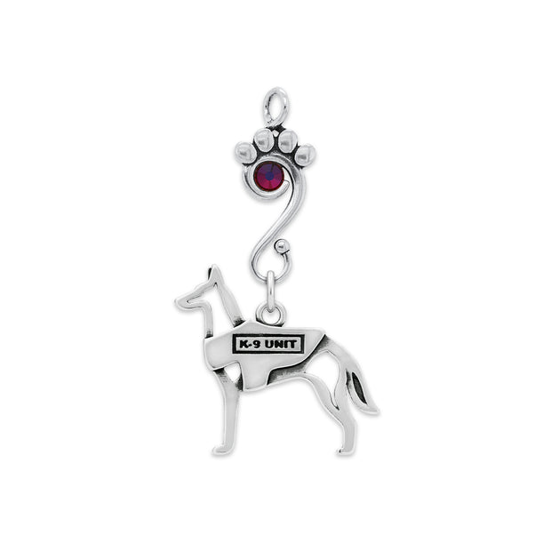 Belgian Malinois Pendant Body Design with Vest with Volcano Crystal in Sterling Silver.