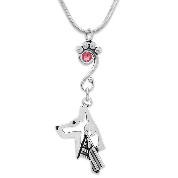 Belgian Malinois Necklace Head Design with Flag with Rose Crystal in Sterling Silver on Snake Chain.