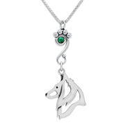 Belgian Sheepdog Necklace Head Design with Emerald Crystal in Sterling Silver on Box Chain.