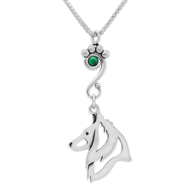 Belgian Sheepdog Necklace Head Design with Emerald Crystal in Sterling Silver on Box Chain.
