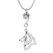 Belgian Sheepdog Necklace Head Design with Light Amethyst Crystal in Sterling Silver on Snake Chain.