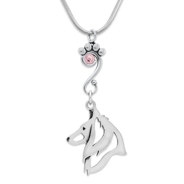 Belgian Sheepdog Necklace Head Design with Light Amethyst Crystal in Sterling Silver on Snake Chain.
