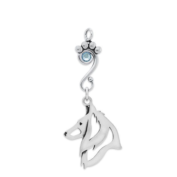 Belgian Sheepdog Pendant Head Design with Light Sapphire Crystal in Sterling Silver.