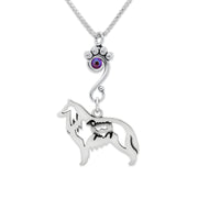Belgian Sheepdog Necklace Body Design with Sheep with Fuchsia Crystal in Sterling Silver on Box Chain.