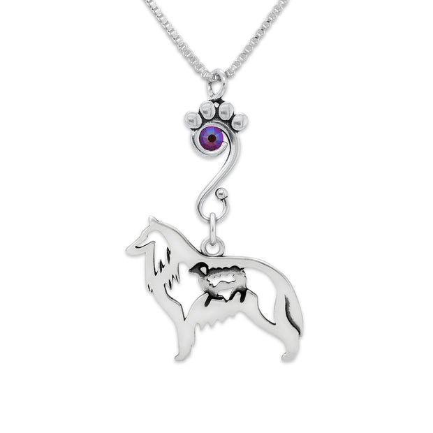 Belgian Sheepdog Necklace Body Design with Sheep with Fuchsia Crystal in Sterling Silver on Box Chain.