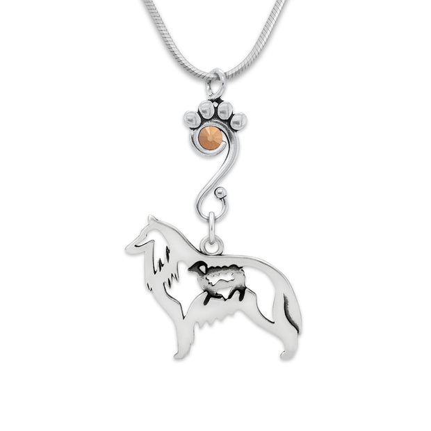 Belgian Sheepdog Necklace Body Design with Sheep with Rose Gold Crystal in Sterling Silver on Snake Chain.