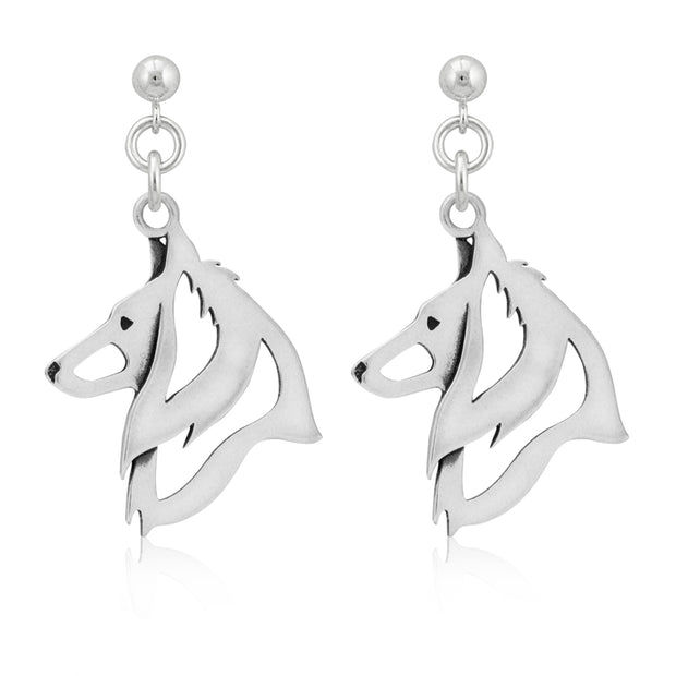 Belgian Sheepdog Earrings Head Design in Sterling Silver in Dangle Post.