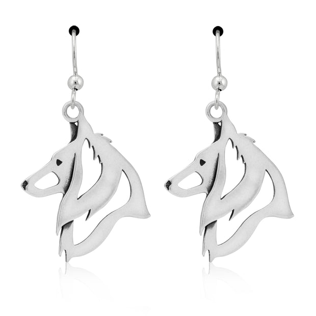 Belgian Sheepdog Earrings Head Design in Sterling Silver in French Hook.