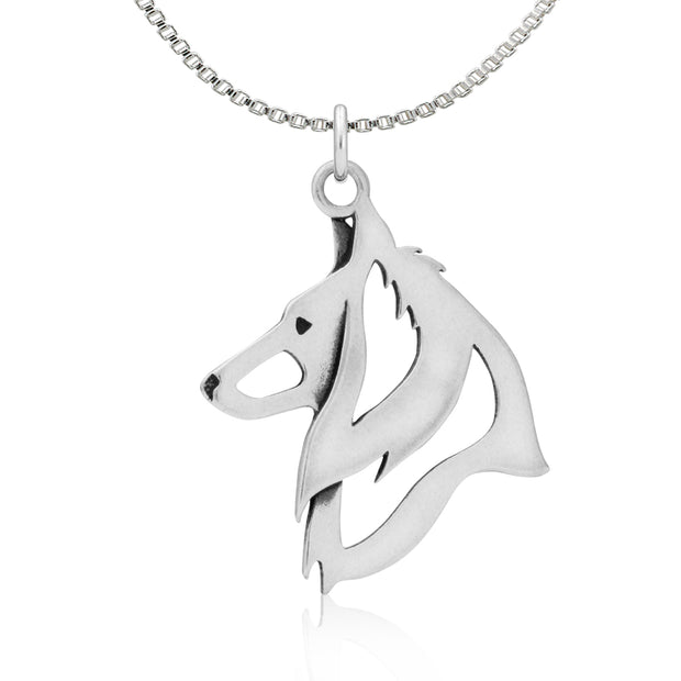 Belgian Sheepdog Necklace Head Design in Sterling Silver on Box Chain.