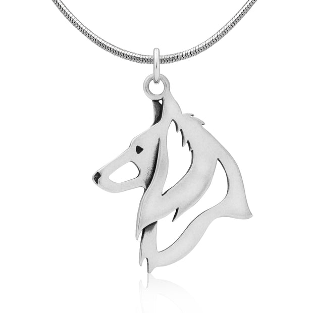 Belgian Sheepdog Necklace Head Design in Sterling Silver on Snake Chain.
