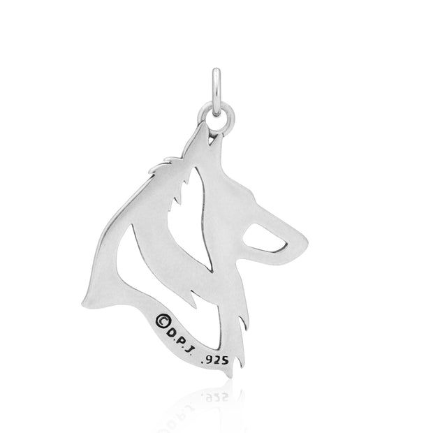 Belgian Sheepdog Pendant Head Design in Sterling Silver Back Side View.