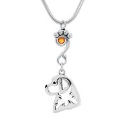 Bernese Mountain Dog Necklace Head Design with Topaz Crystal in Sterling Silver on Snake Chain.