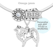 Rosette Ribbon Necklace That Can Be Personalized With a Title and Your Dogs Name and Choice of Over 30 Colors of Crystals, with an American Eskimo Body Design Pendant in Sterling Silver on Omega Chain.