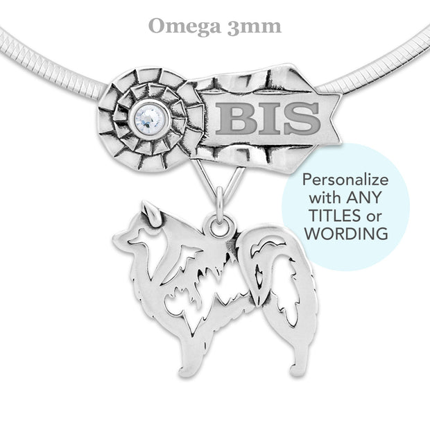 Rosette Ribbon Necklace That Can Be Personalized With a Title and Your Dogs Name and Choice of Over 30 Colors of Crystals, with an American Eskimo Body Design Pendant in Sterling Silver on Omega Chain.