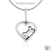 Heart shaped necklace pendant in sterling silverwith dog bone inside, Top rated dog gifts for dog moms