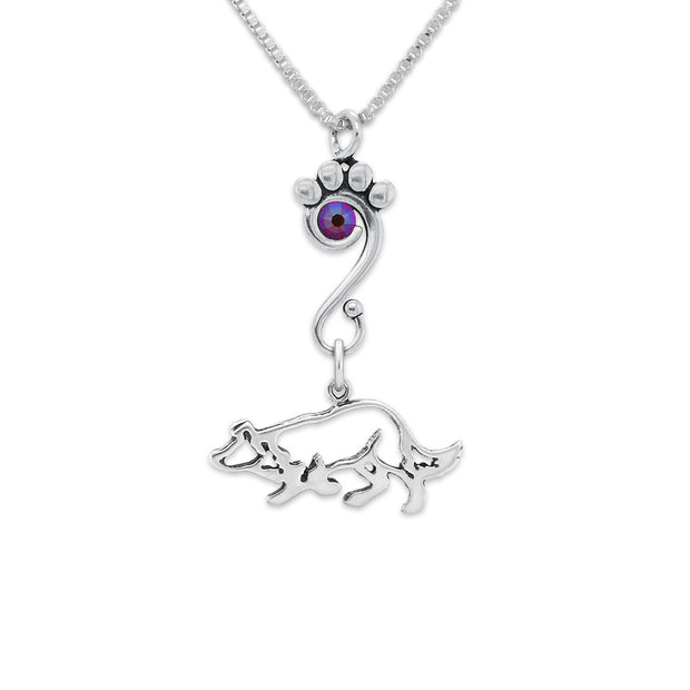 Border Collie Necklace Body Design with Fuchsia Crystal in Sterling Silver on Box Chain.
