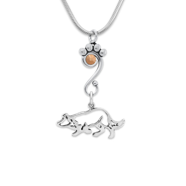 Border Collie Necklace Body Design with Rose Gold Crystal in Sterling Silver on Snake Chain.