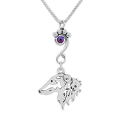 Borzoi Necklace Head Design with Fuchsia Crystal in Sterling Silver on Box Chain.