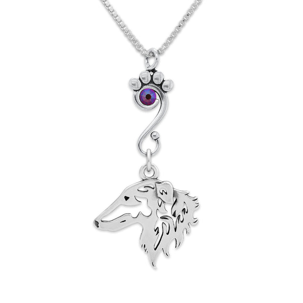 Borzoi Necklace Head Design with Fuchsia Crystal in Sterling Silver on Box Chain.