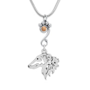 Borzoi Necklace Head Design with Rose Gold Crystal in Sterling Silver on Snake Chain.
