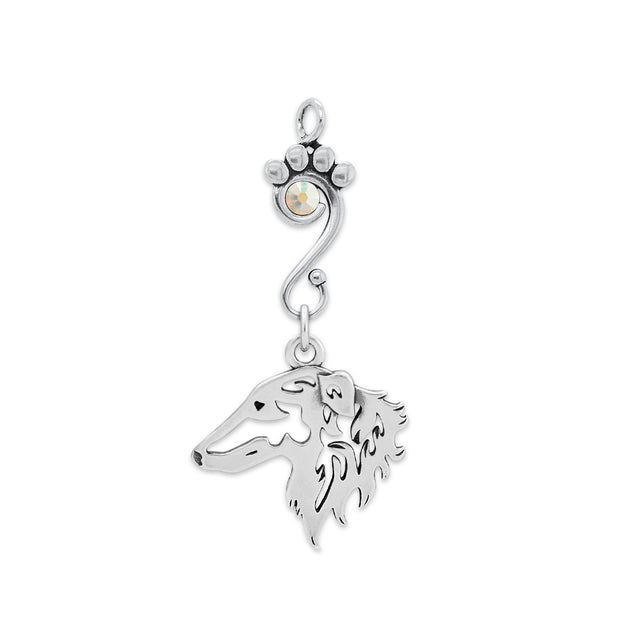 Borzoi Pendant Head Design with Aurora Borealis Crystal in Sterling Silver.
