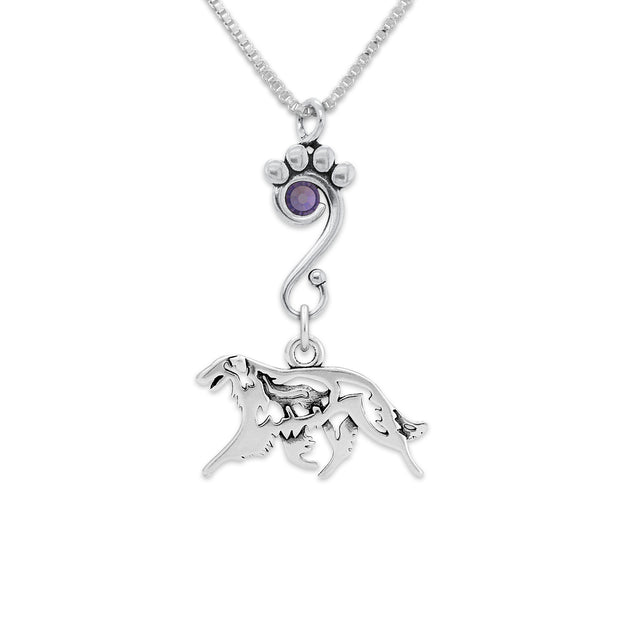Borzoi Necklace Body Design with Wolf with Tanzanite Crystal in Sterling Silver on Box Chain.