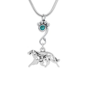 Borzoi Necklace Body Design with Wolf with Teal Crystal in Sterling Silver on Snake Chain.