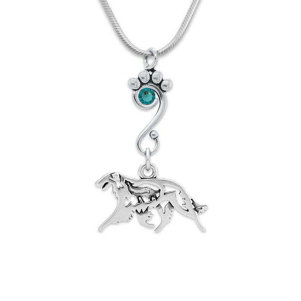 Borzoi Necklace Body Design with Wolf with Teal Crystal in Sterling Silver on Snake Chain.