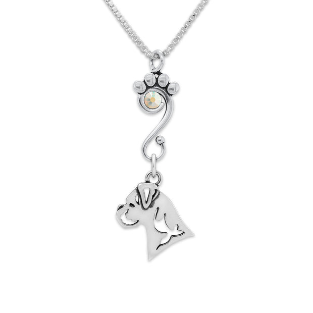 Boxer Necklace Head Design with Aurora Borealis Crystal in Sterling Silver on Box Chain.
