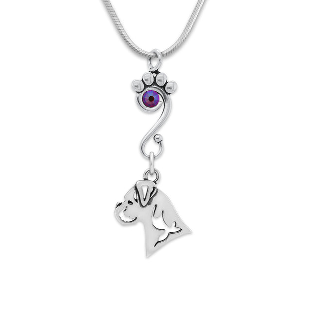 Boxer Necklace Head Design with Fuchsia Crystal in Sterling Silver on Snake Chain.