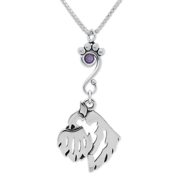 Brussels Griffon Necklace Head Design with Rat with Tanzanite Crystal in Sterling Silver on Box Chain.