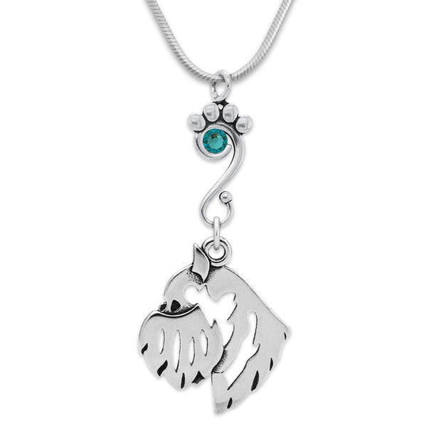 Brussels Griffon Necklace Head Design with Rat with Teal Crystal in Sterling Silver on Snake Chain.