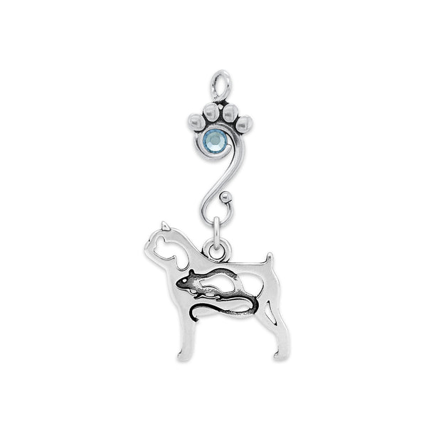 Brussels Griffon Pendant Body Design with Rat with Light Sapphire Crystal in Sterling Silver.